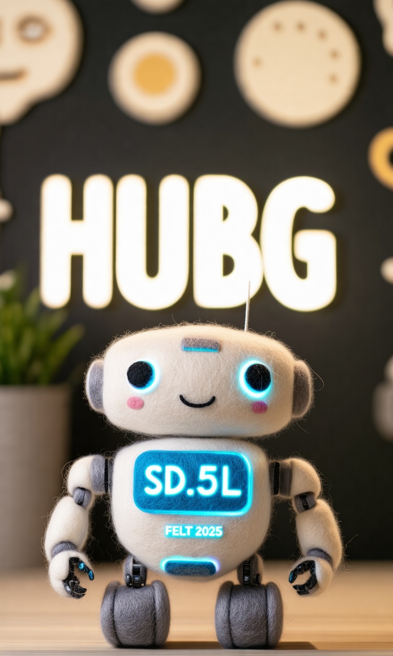 Felt (hubgstyle),  Close-up of the cute robot wool sculpture with illuminated text “HUBG SD3.5L / FELT STYLE 2025” in fron...