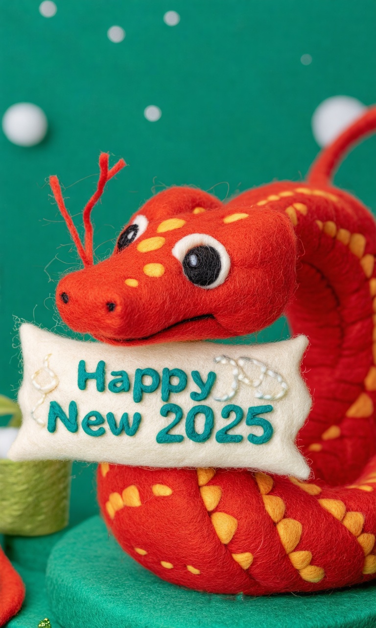 Close-up of a New Year's Felt\(hubgstyle)\ sculpture in the form of a red snake and the text"Happy New Year 2025" on Tenso...