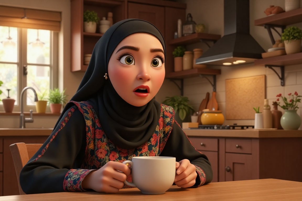 A high-quality pixar-style of a surprised woman in a kitchen setting,  wearing a stylish hijab and a long-sleeved blouse w...
