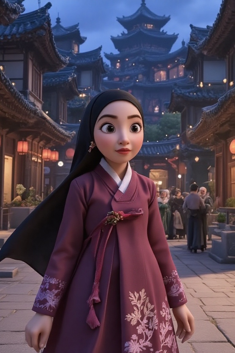 A high-quality Pixar-style,  farida wearing hijab and hanbok. background bokeh. farida,  Disney Pixar on Tensor.Art
