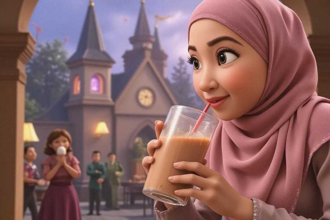 A high-quality Pixar-style,  farida wearing hijab and princesses gown. Drink milk tea. background bokeh. farida,  Disney P...