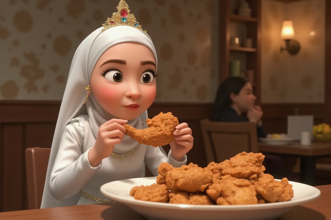 A high-quality Pixar-style,  farida wearing hijab and princesses gown. Eating fried chicken,  background bokeh. farida on...