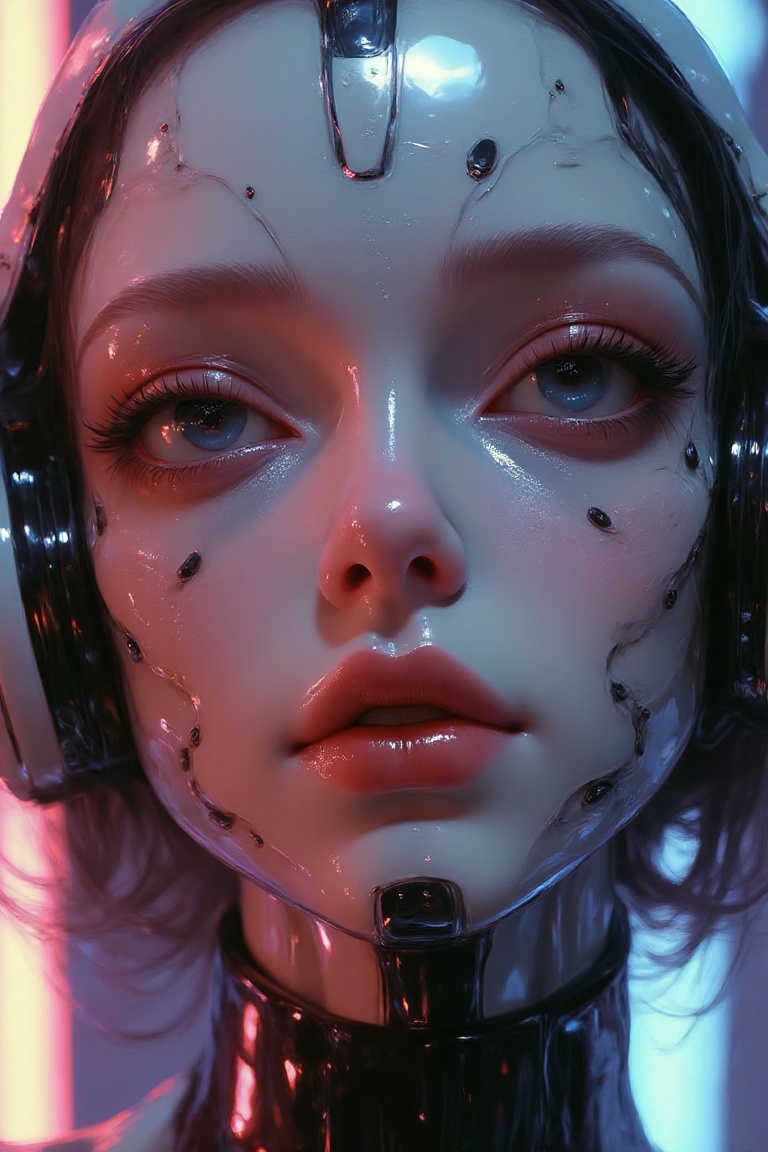 "Zoom-in portrait of a futuristic woman with robotic elements integrated into her face,  sleek metallic textures,  vibrant...