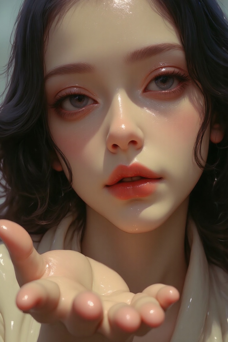 A close-up of an Asian woman’s face as she softly gazes at a single raindrop on her palm,  her expression calm and introsp...