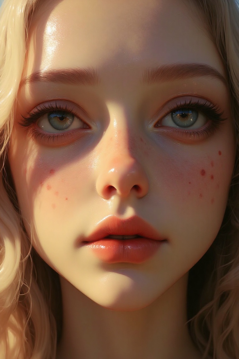 Close-up portrait of a young woman with freckles,  golden blonde hair,  and green eyes on Tensor.Art
