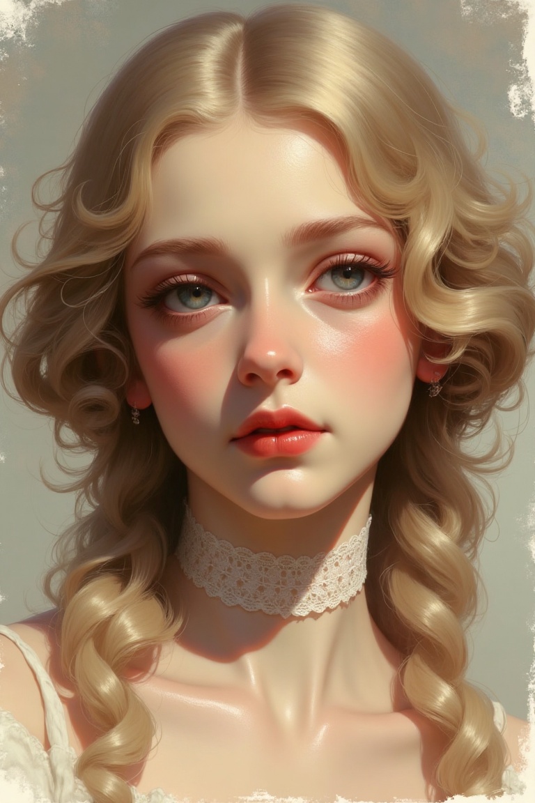 "Zoom-in portrait of a Victorian-era woman with curly blonde hair,  porcelain skin,  and a delicate lace choker on Tensor.Art
