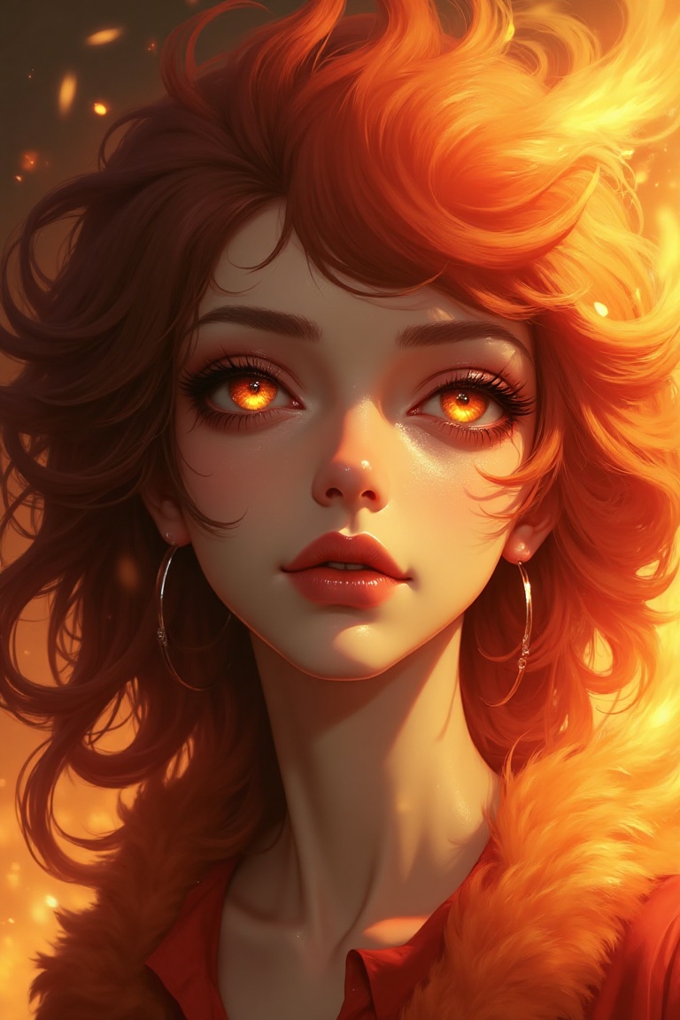 Zoomed-in portrait of a phoenix woman with fiery hair blending into feathers,  glowing amber eyes,  and a fiery aura on Te...