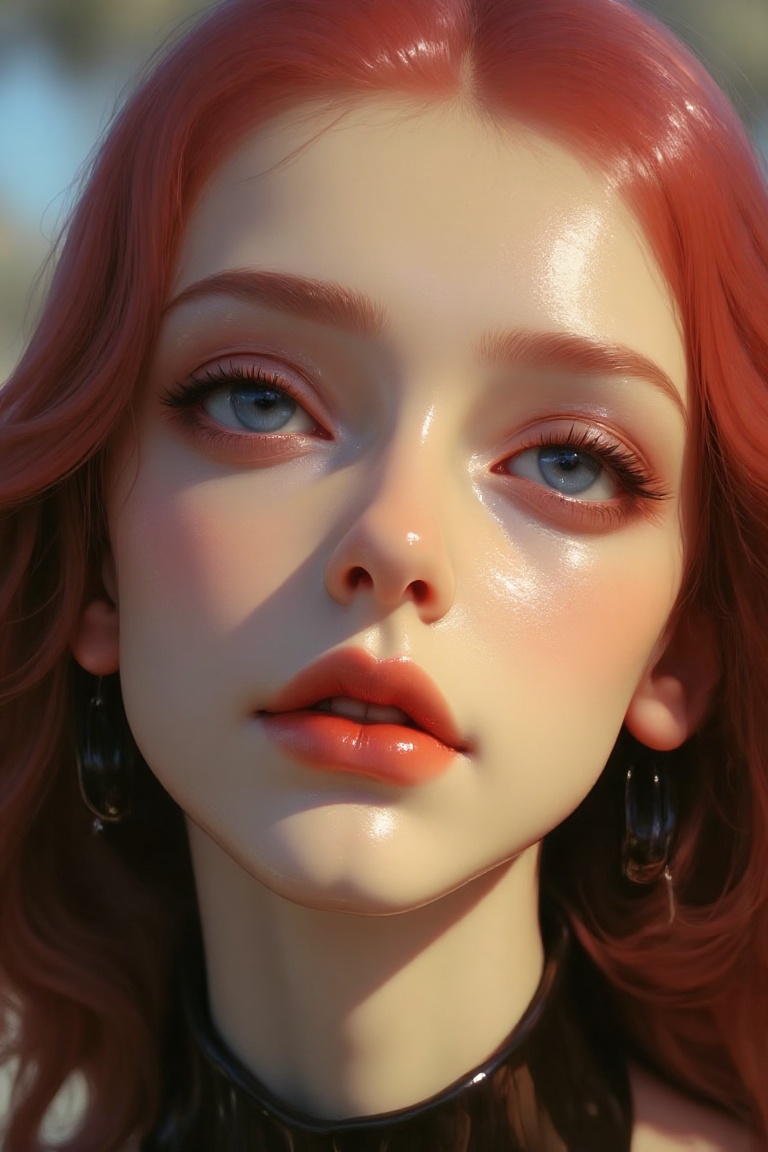 Zoomed-in view of a woman with fiery red hair and piercing blue eyes,  wearing subtle makeup,  with a soft bokeh backgroun...