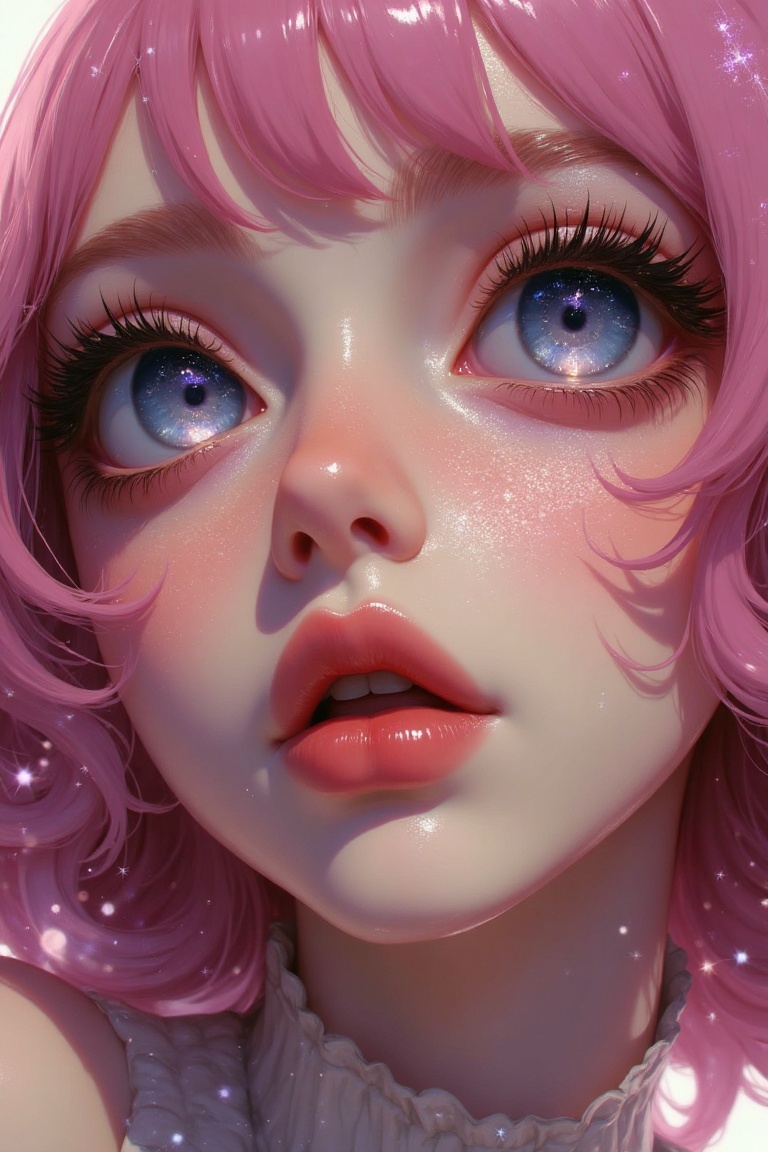 "Close-up of a manga-inspired woman with big shimmering eyes,  pink-tinted hair,  and an expression of wonder on Tensor.Art