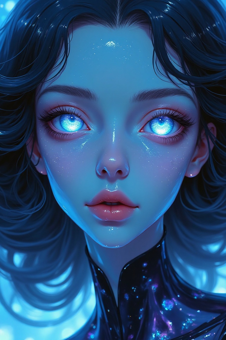 Close-up of a futuristic alien woman with translucent blue skin,  bioluminescent patterns,  and glowing eyes on Tensor.Art