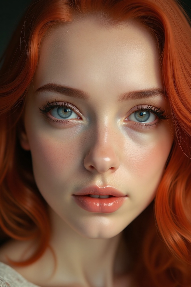 Zoomed-in view of a woman with fiery red hair and piercing blue eyes,  wearing subtle makeup,  with a soft bokeh backgroun...