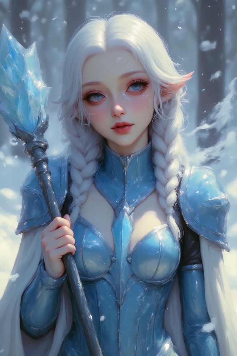 "A frost elf with silver-blue hair braided elegantly,  dressed in crystalline armor,  holding an icy staff on Tensor.Art