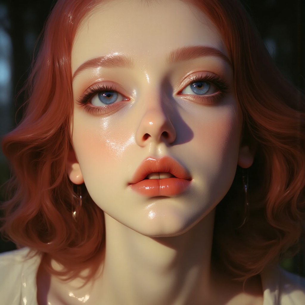 Zoomed-in view of a woman with fiery red hair and piercing blue eyes,  wearing subtle makeup,  with a soft bokeh backgroun...