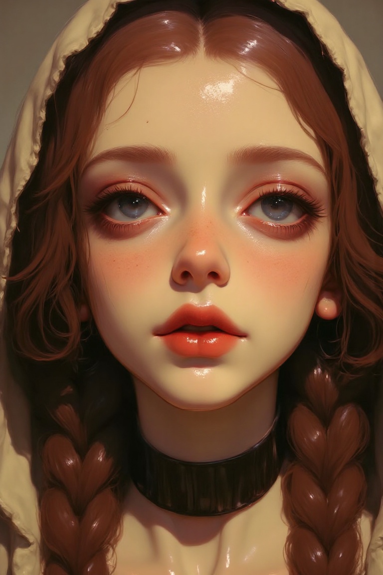 Close-up digital painting of a woman with freckles and braided auburn hair,  wearing a rustic hood,  warm earthy tones on...