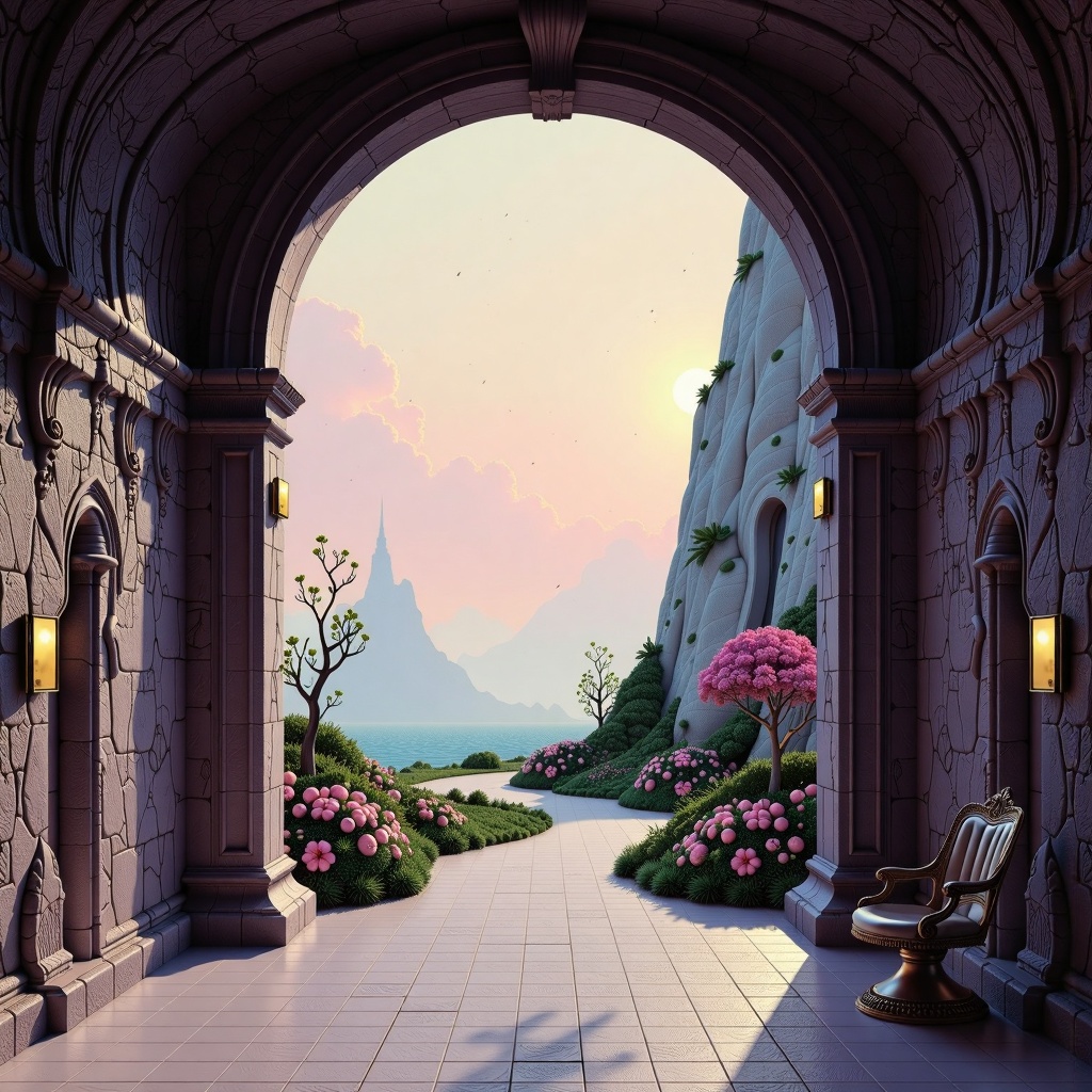 A cave-like interior with an arched opening. The foreground includes symmetrical walls on either side. Leading lines draw...