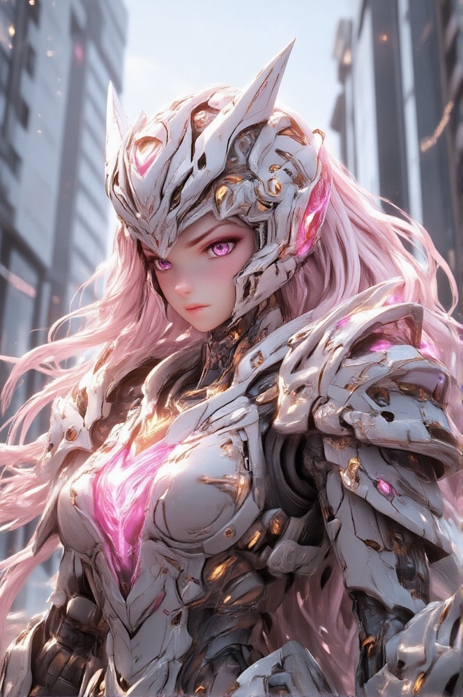 A majestic Holy mecha girl wearing white helmet with Pink glowing line,  translucent white glass visor,  Warframe tenogen...