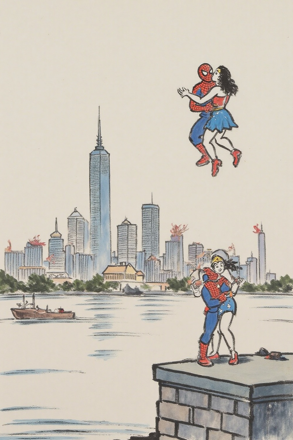 fzk1 ink painting. Spider-man and Wonder Woman kissing,  floating above Shanghai on Tensor.Art