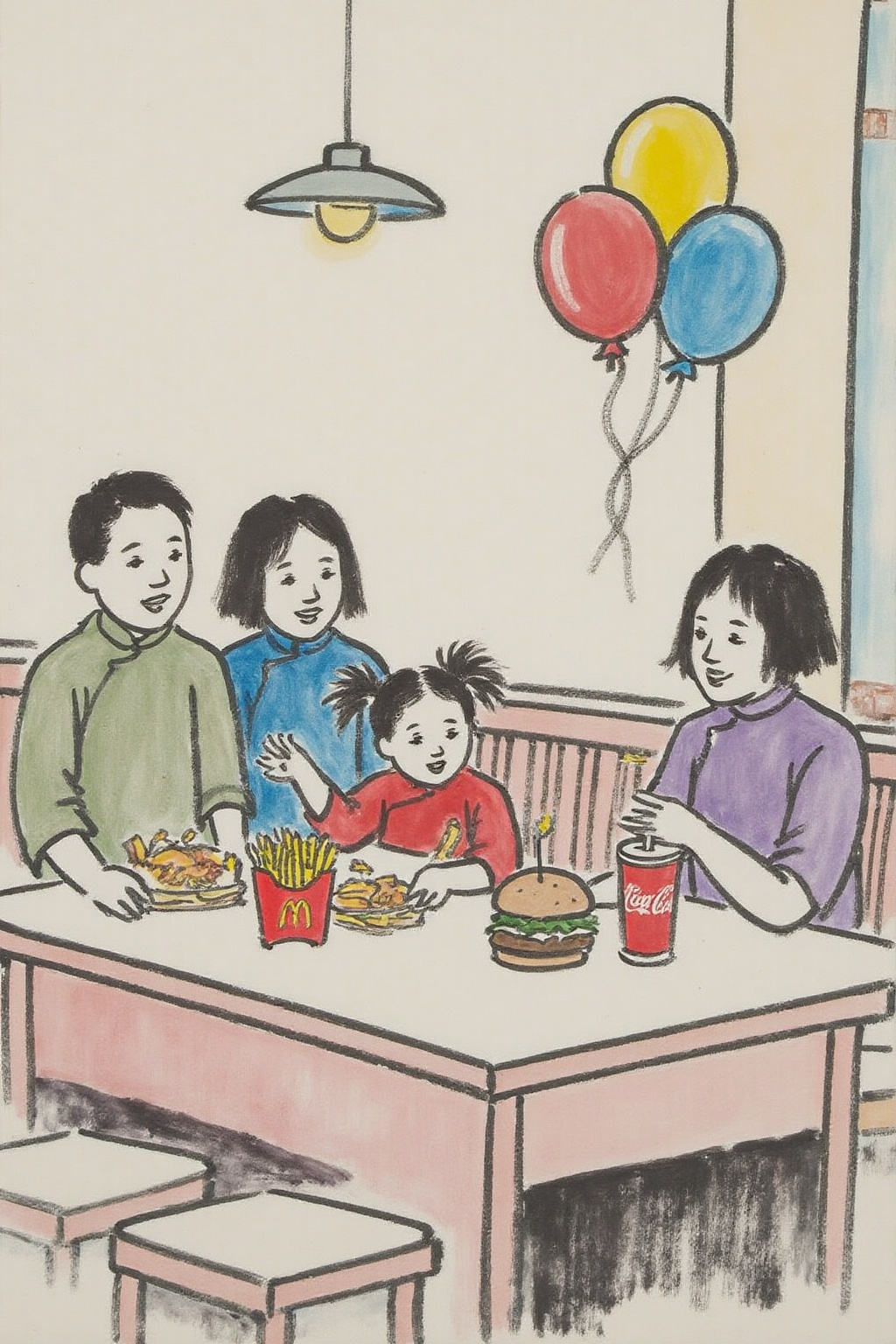 fzk1 ink painting. fzk1 minimalist ink painting. A four-year-old girl with twin pigtails is celebrating her birthday at Mc...