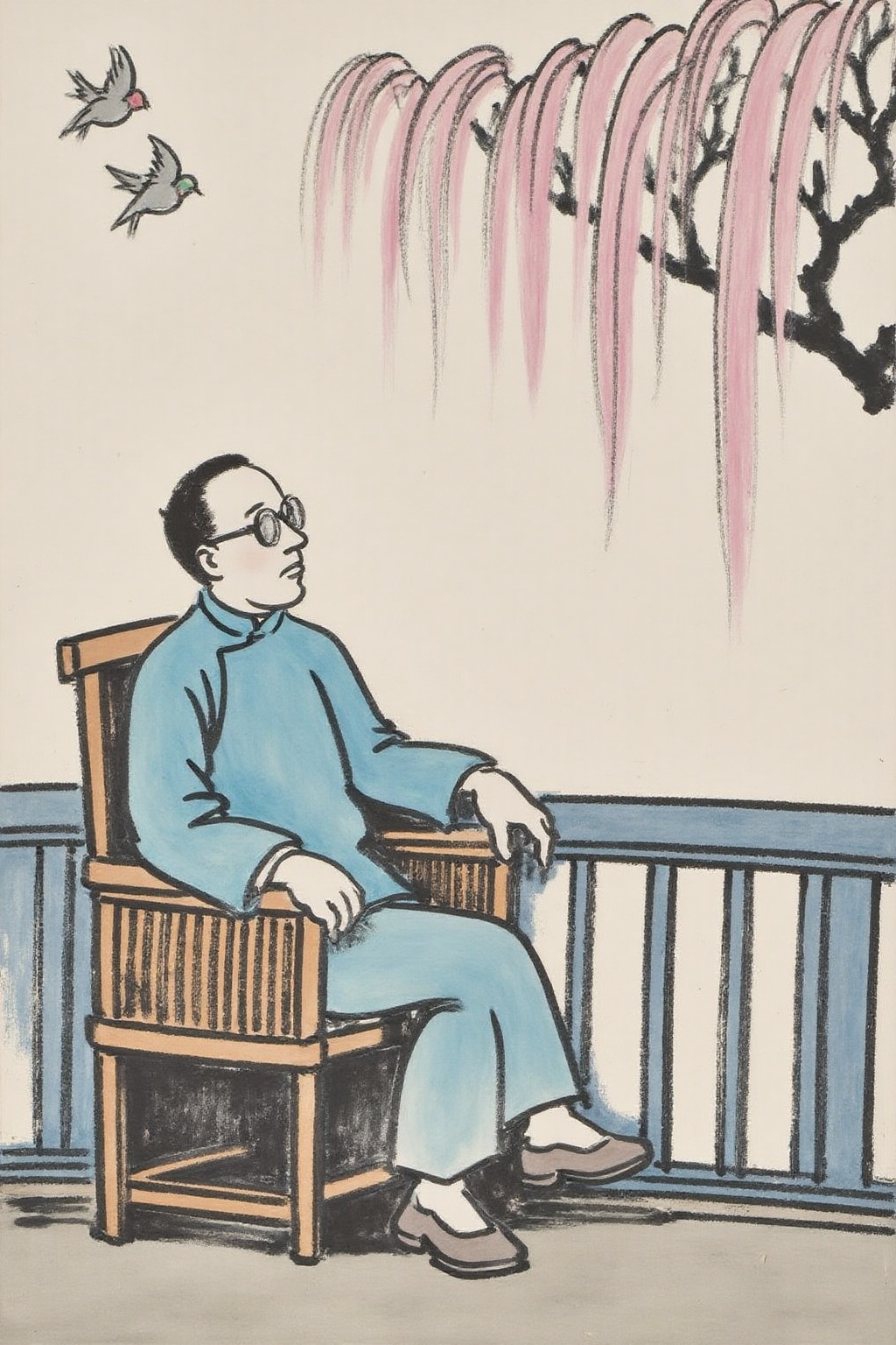 fzk1 ink painting. A man sitting on a wooden chair on a balcony. The man wears glasses and a blue traditional Chinese robe...