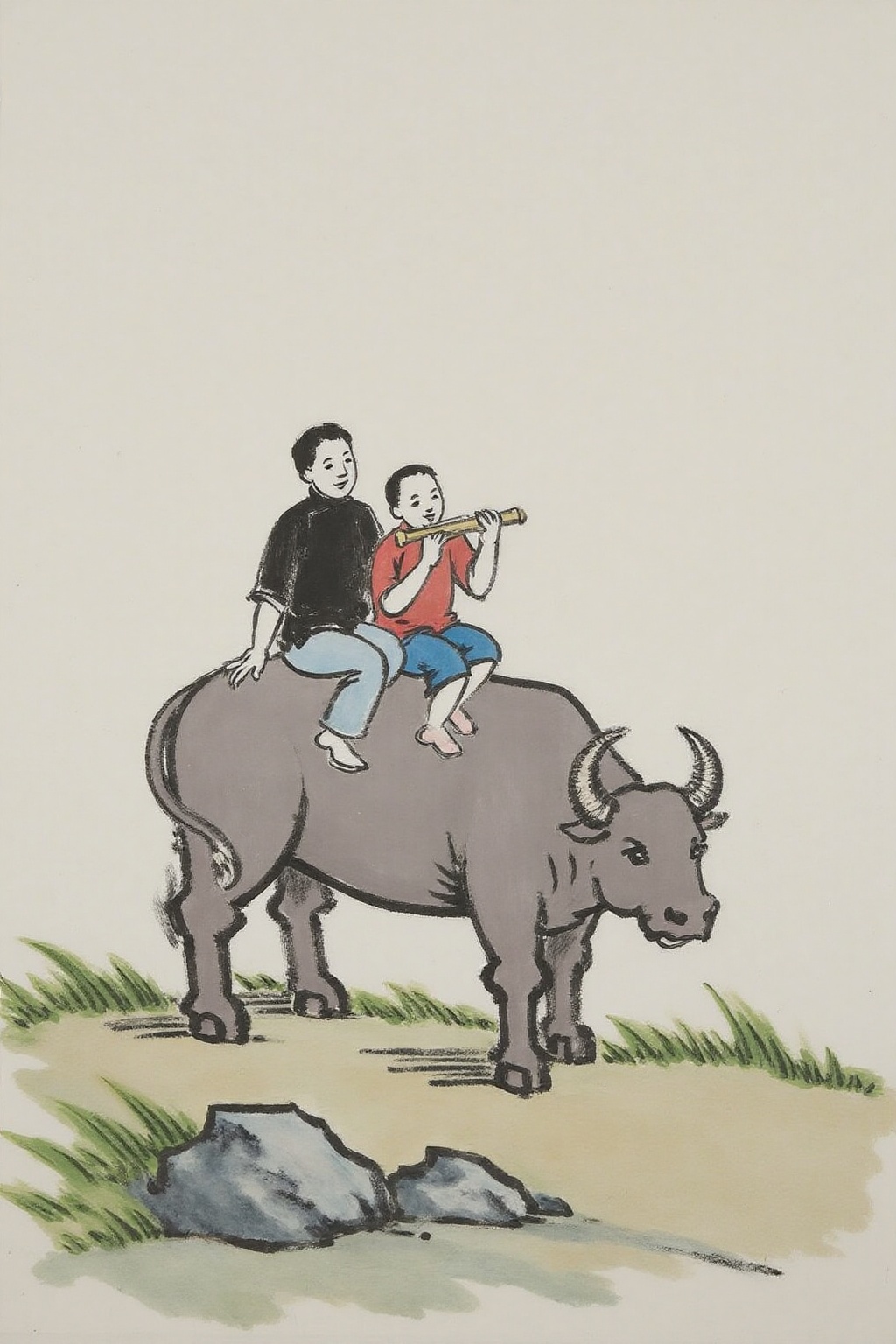 fzk1 ink painting. Two boys riding a water buffalo in a natural,  outdoor setting. The scene is set against a gentle,  und...