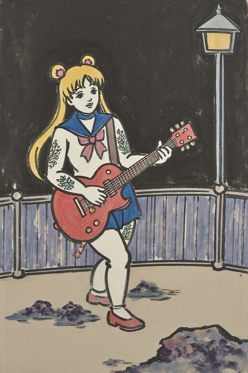 fzk1 ink painting. punk sailor moon playing a guitar at a heavy metal mosh pit,  tattoos,  piercing. on Tensor.Art