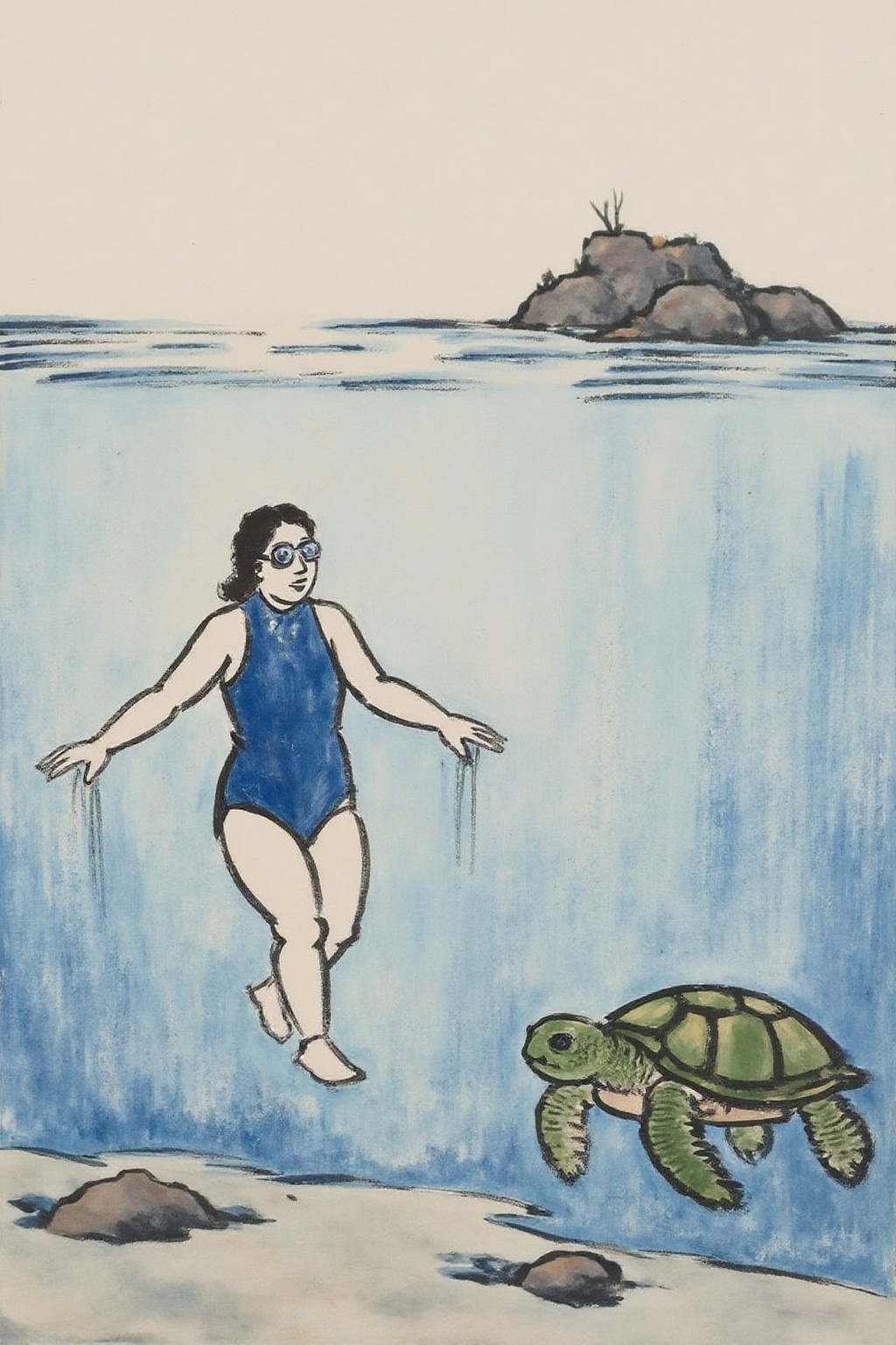 fzk1 ink painting. A woman swimming underwater. The woman is wearing a blue one piece swimsuit,  and she is wearing goggle...