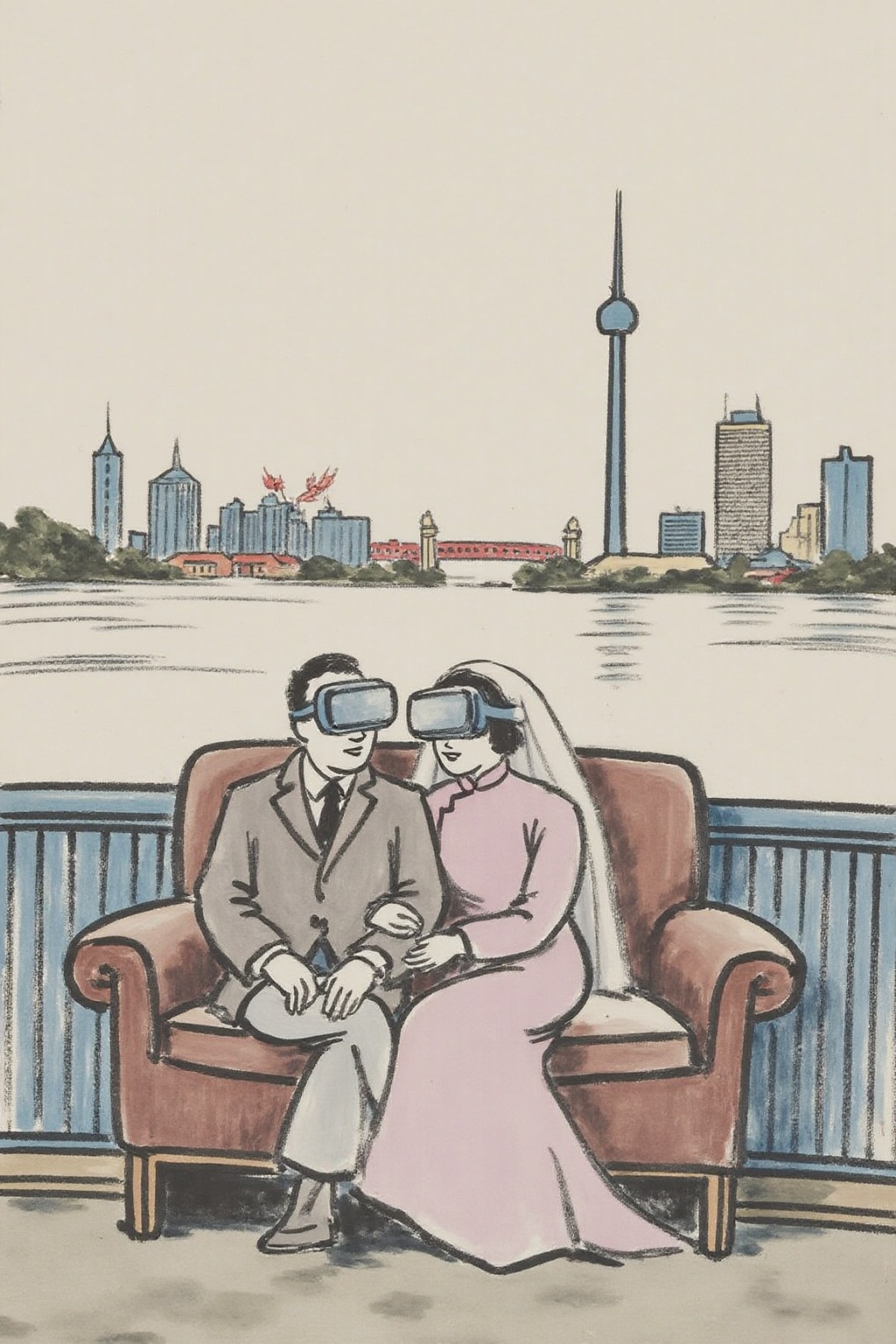 fzk1 minimalist ink painting. Chinese newlyweds sitting together on a vintage leather sofa,  the background is a retro fut...