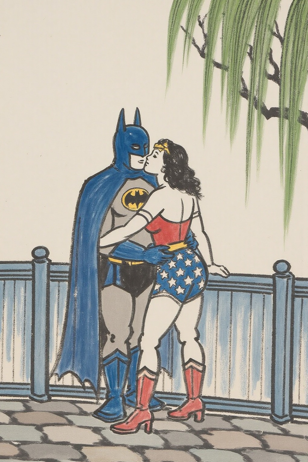 fzk1 ink painting. Batman and Wonder Woman kissing in the rain on Tensor.Art