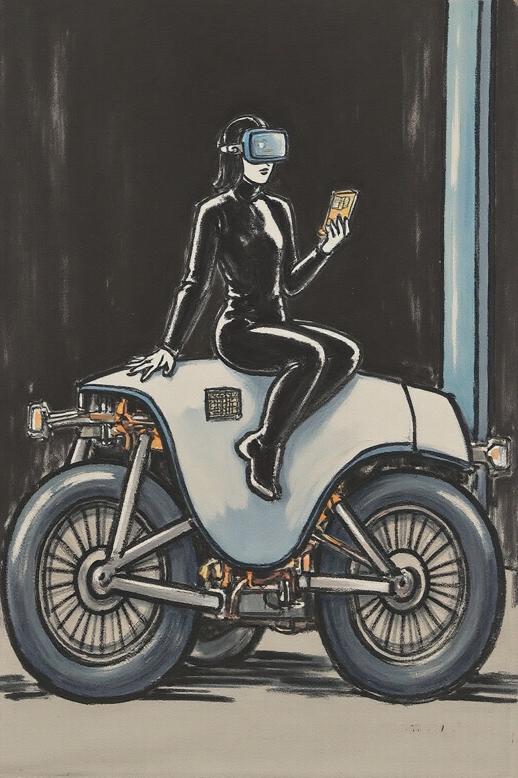 fzk1 ink painting. a striking,  futuristic scene depicts a woman dressed in sleek,  form-fitting leather attire on Tensor.Art