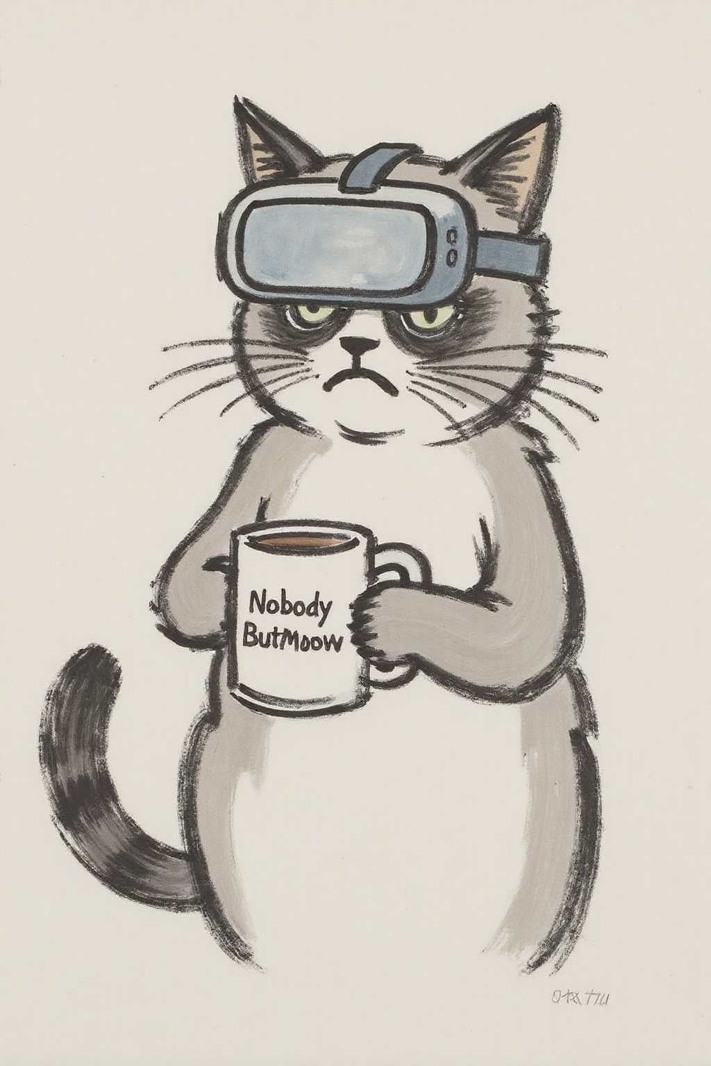 fzk1 ink painting. Grumpy Cat holding a coffee mug,  wearing a VR Headset. The mug has the phrase "NobodyButMeow" printed...
