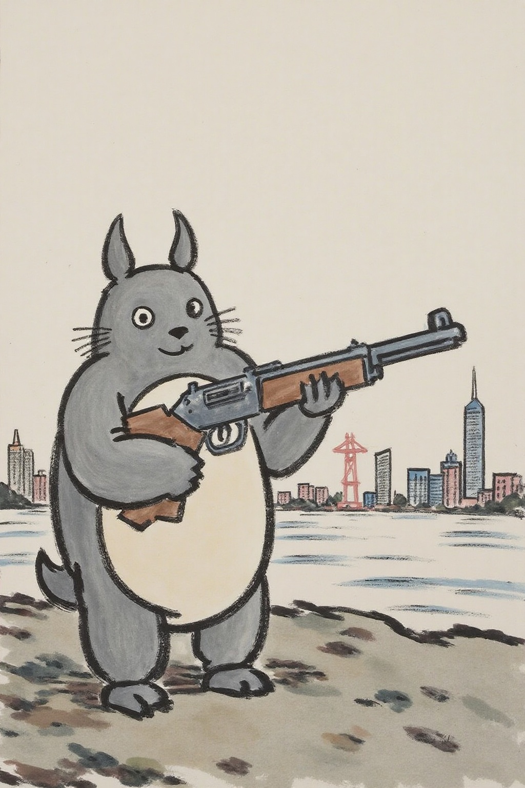 fzk1 ink painting. Totoro as the Terminator,  holding a shotgun,  cyberpunk 2077 cityscapes on Tensor.Art