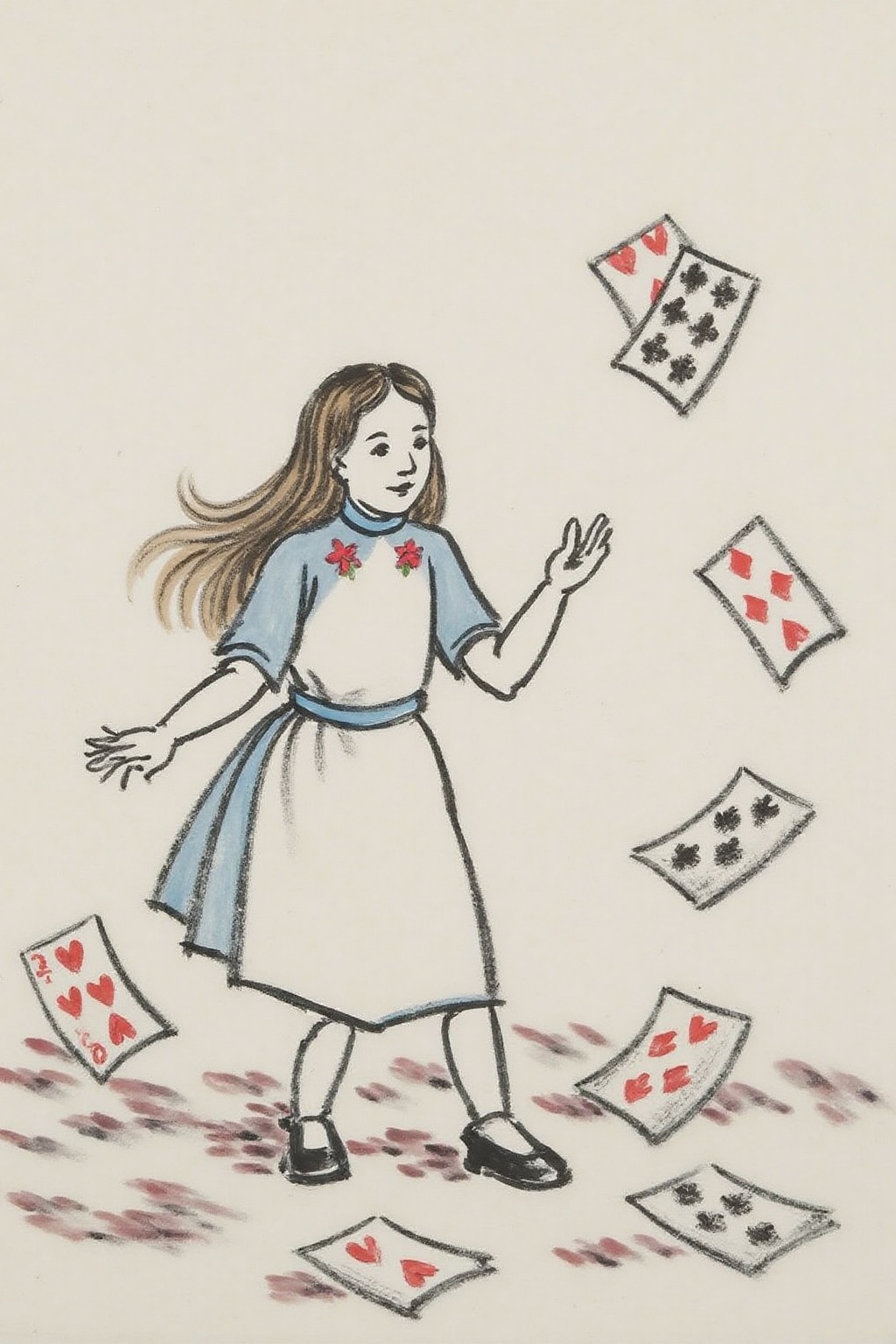 fzk1 ink painting. A scene from "Alice's Adventures in Wonderland." The central figure is a young girl,  Alice,  with long...
