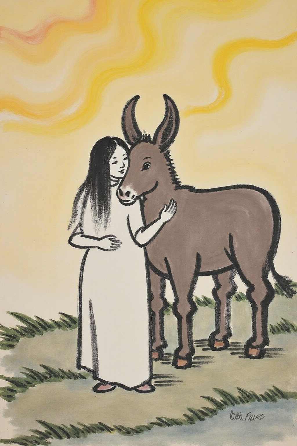 fzk1 ink painting. A surreal,  dreamlike scene with a woman and an anthropomorphic donkey embracing. The woman,  with long...