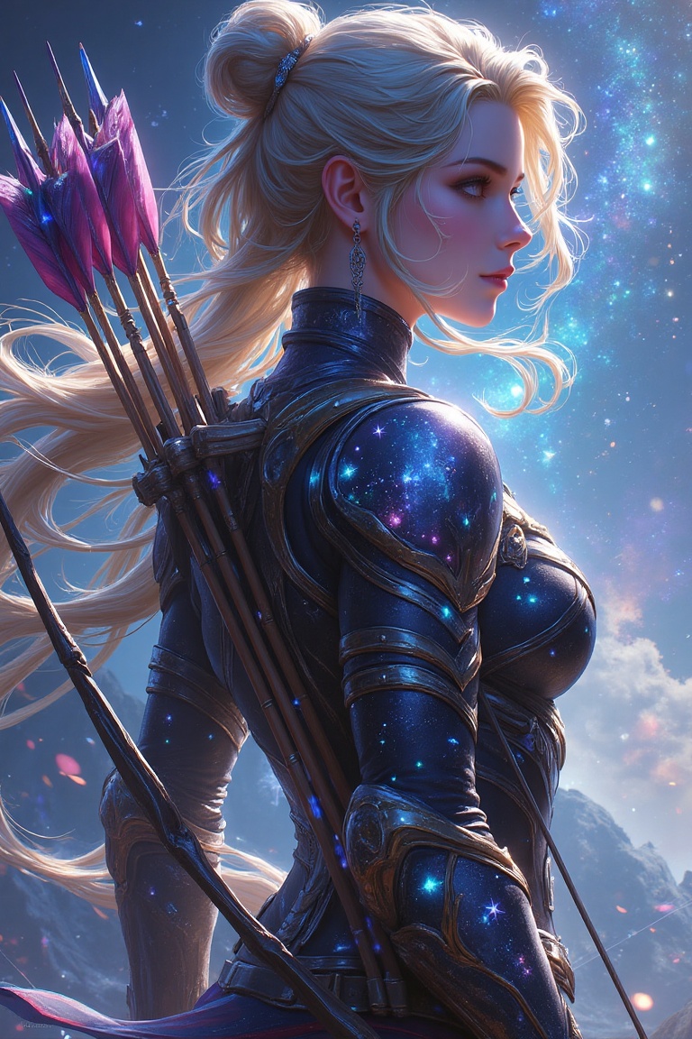A celestial ranger with glowing arrows slung across her back,  wearing armor engraved with star patterns,  her bow partial...