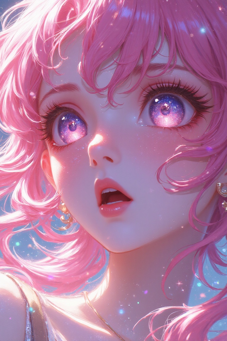 "Close-up of a manga-inspired woman with big shimmering eyes,  pink-tinted hair,  and an expression of wonder on Tensor.Art