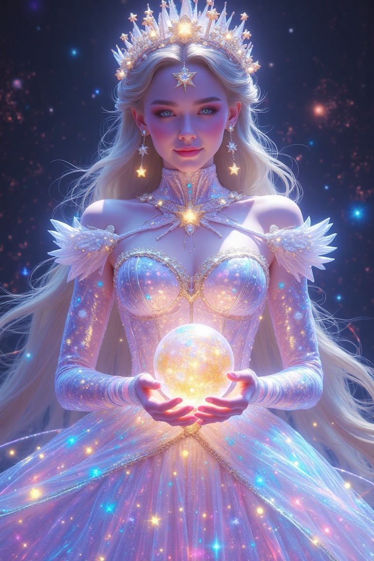 "A celestial holographic princess wearing a radiant gown adorned with stars,  medium shot,  cosmic backdrop on Tensor.Art