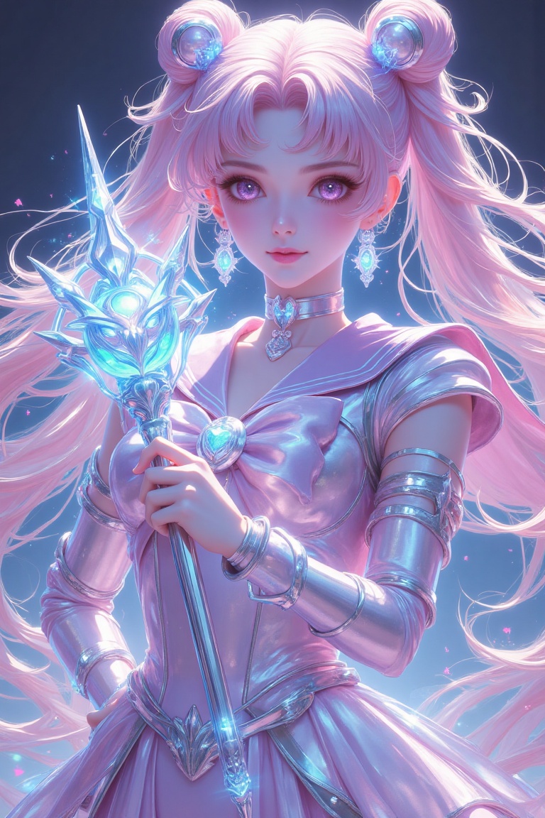 A futuristic sailor heroine with a glowing holographic scepter,  medium shot,  wearing a metallic pastel sailor uniform on...