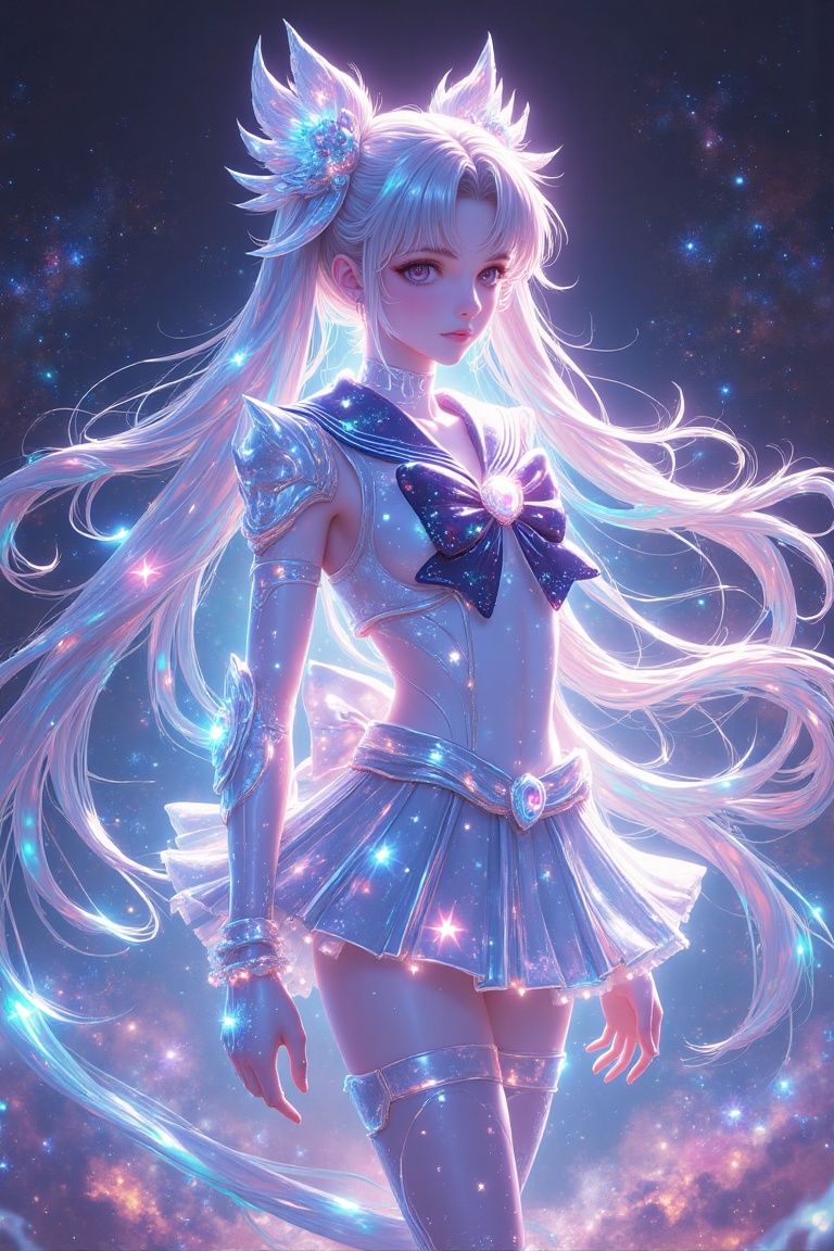 A holographic sailor scout with a radiant aura,  medium shot,  wearing a futuristic uniform adorned with stars on Tensor.Art