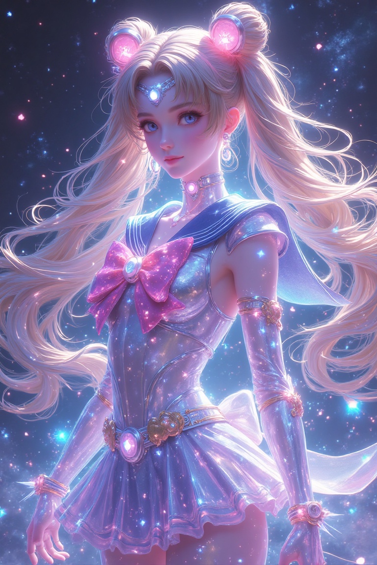 A holographic sailor scout with a radiant aura,  medium shot,  wearing a futuristic uniform adorned with stars on Tensor.Art