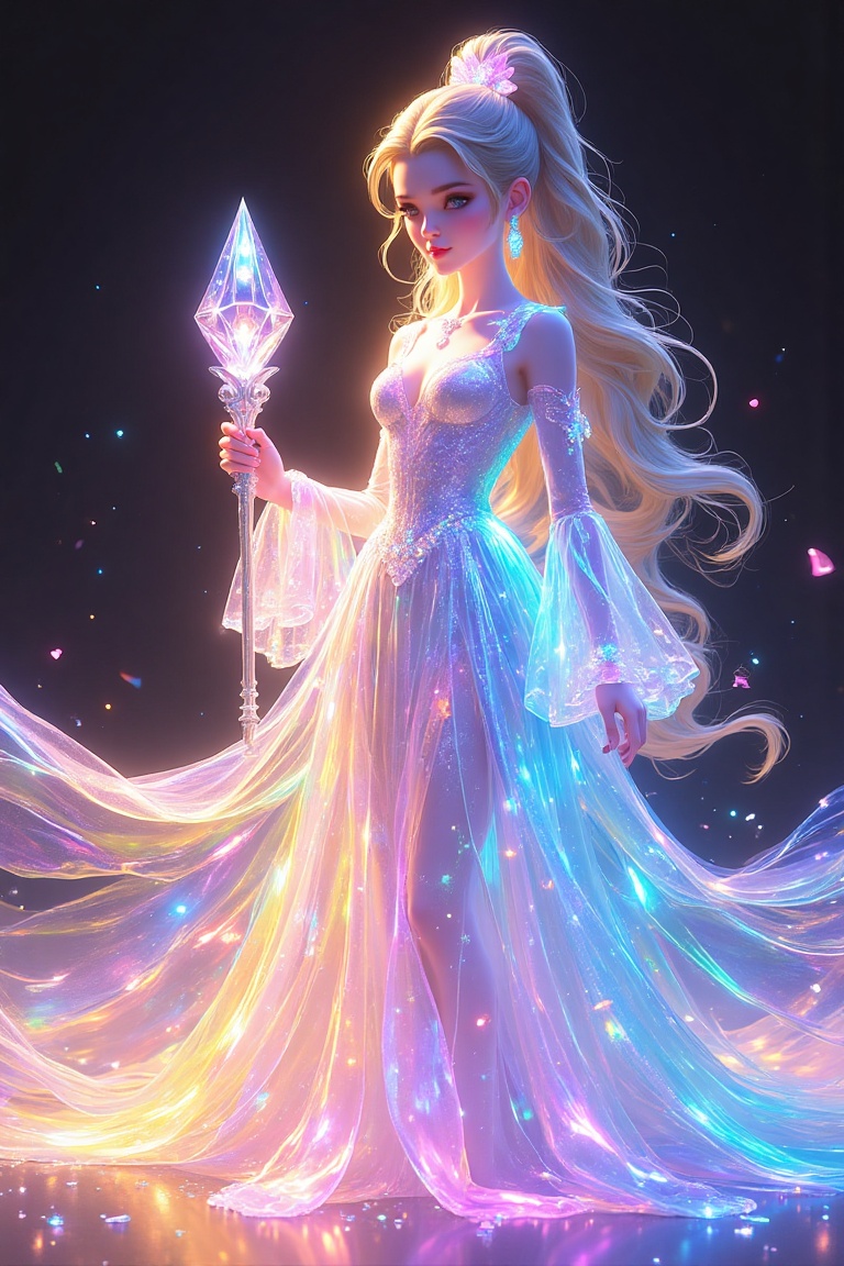 "A futuristic holographic princess with a translucent dress that shifts in rainbow hues,  medium shot,  holding a glowing...