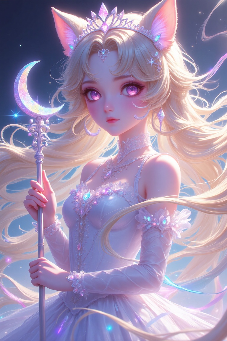 A lunar magical girl with a glowing holographic tiara,  medium shot,  surrounded by soft pastel light trails on Tensor.Art