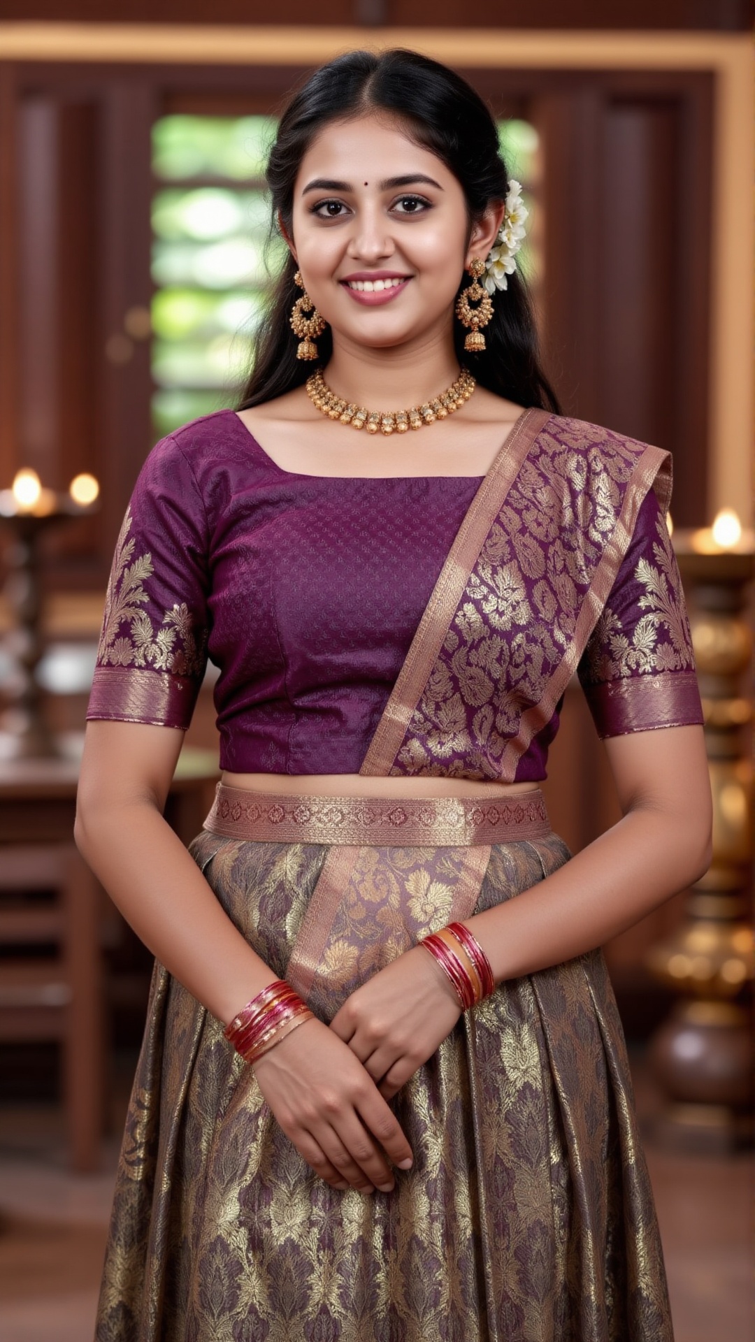A photorealistic depiction of a traditional Kerala woman wearing a pattu pavadai and blouse during a festive occasion. The...