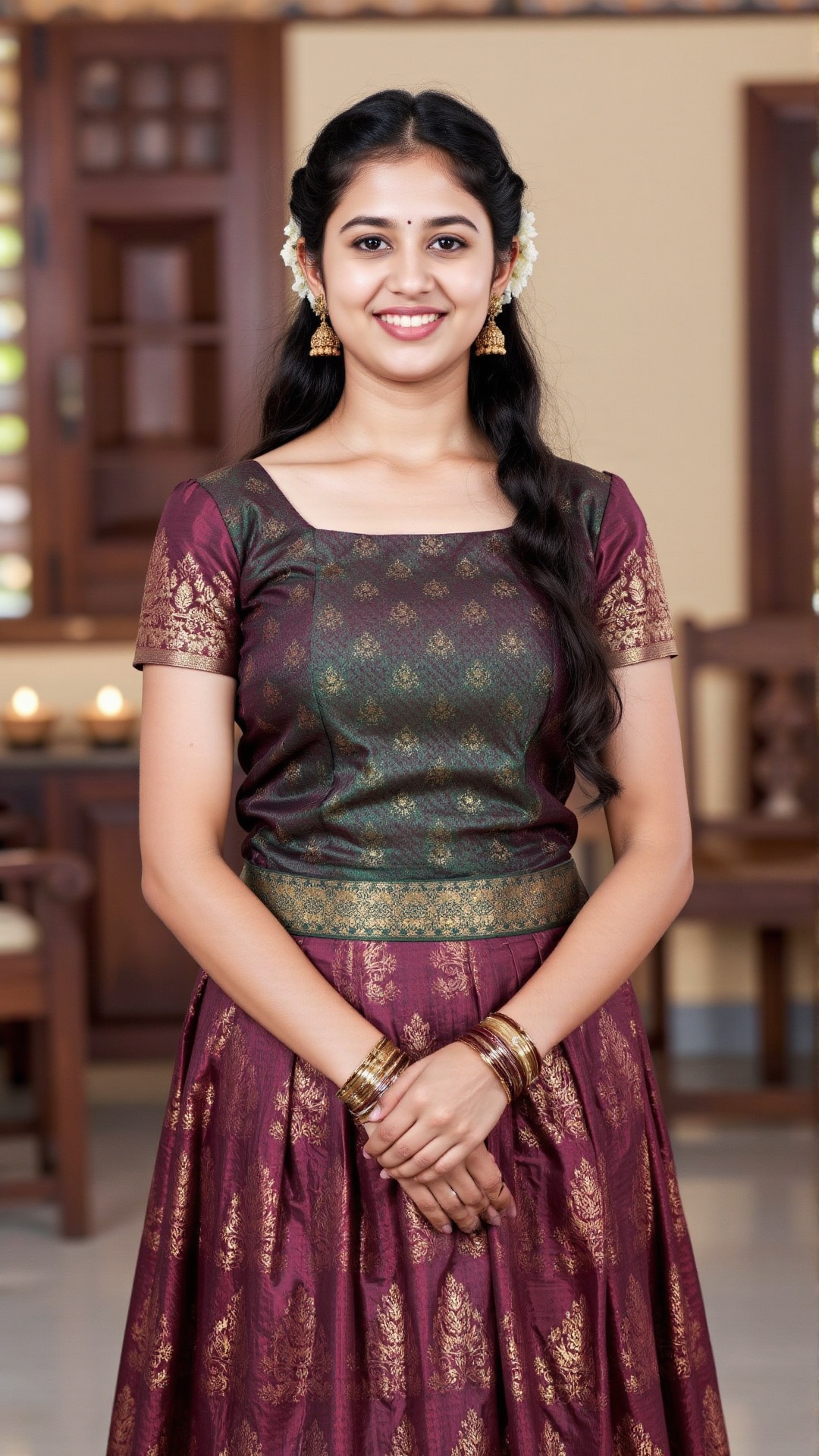 A photorealistic depiction of a traditional Kerala woman wearing a pattu pavadai and blouse during a festive occasion. The...