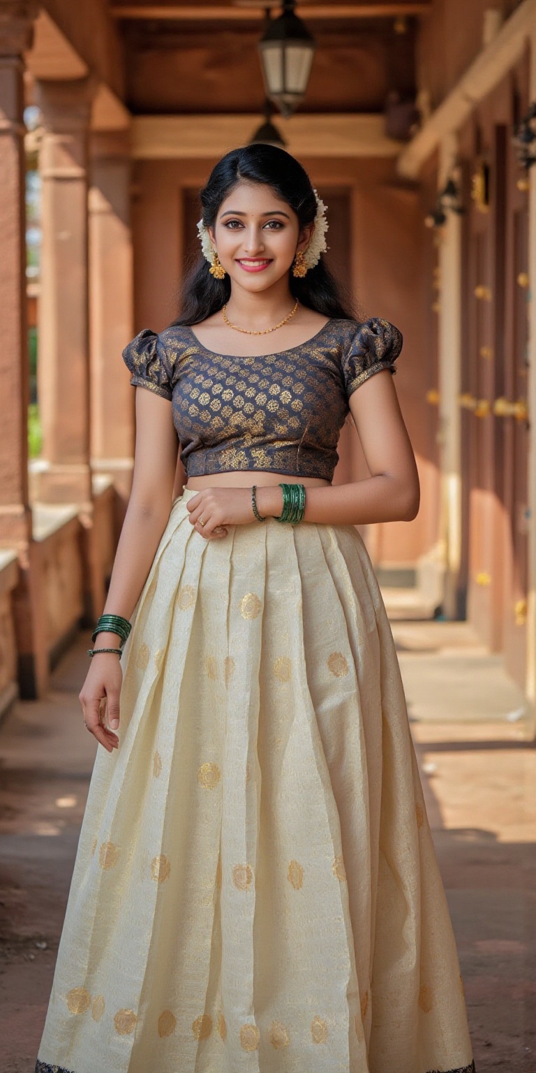 A stunning South Indian woman wearing a traditional pattu pavadai and blouse,  styled for a festive occasion. Her outfit c...