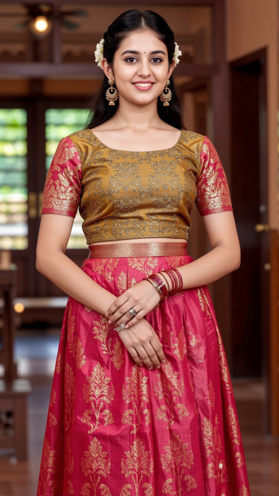 A photorealistic depiction of a traditional Kerala woman wearing a pattu pavadai and blouse during a festive occasion. The...