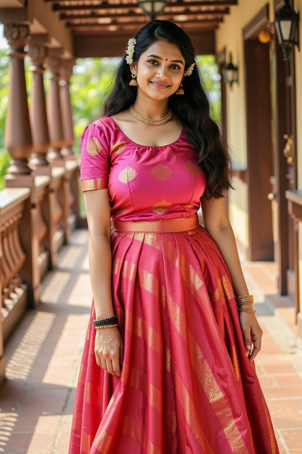 A stunning South Indian woman wearing a traditional pattu pavadai and blouse,  styled for a festive occasion. Her outfit c...
