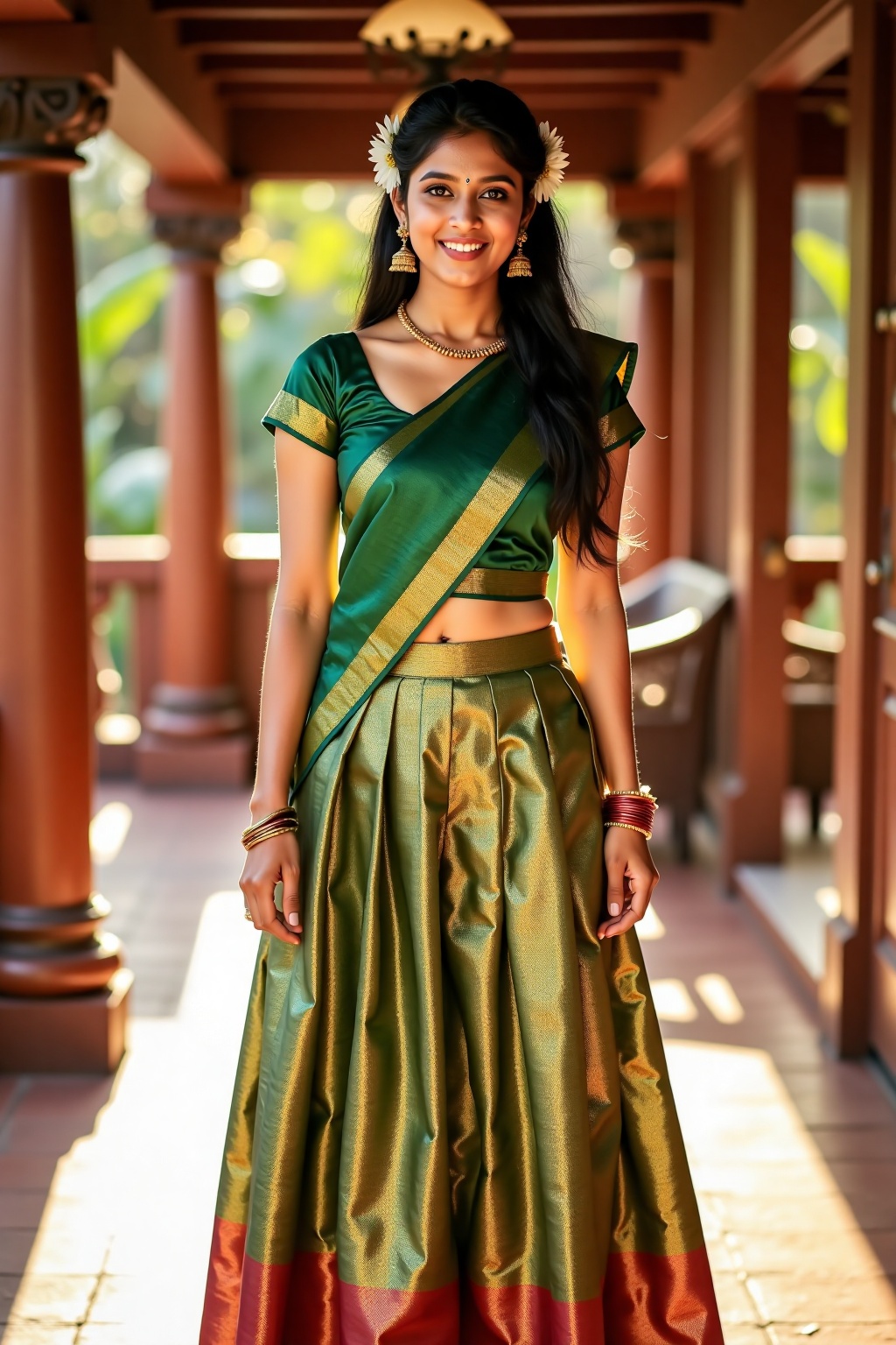 A stunning South Indian woman wearing a traditional pattu pavadai and blouse,  styled for a festive occasion. Her outfit c...