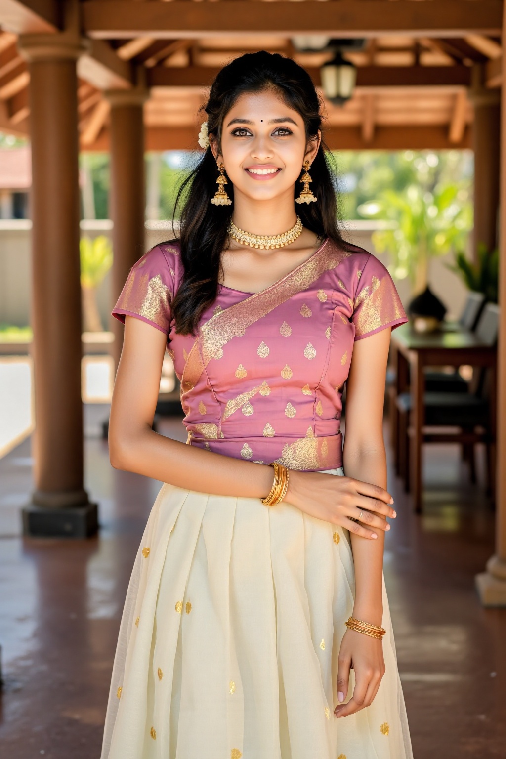 A stunning South Indian woman wearing a traditional pattu pavadai and blouse,  styled for a festive occasion. Her outfit c...