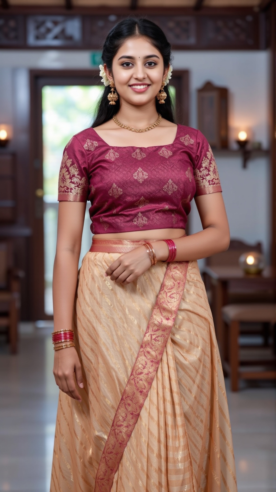 A photorealistic depiction of a traditional Kerala woman wearing a pattu pavadai and blouse during a festive occasion. The...