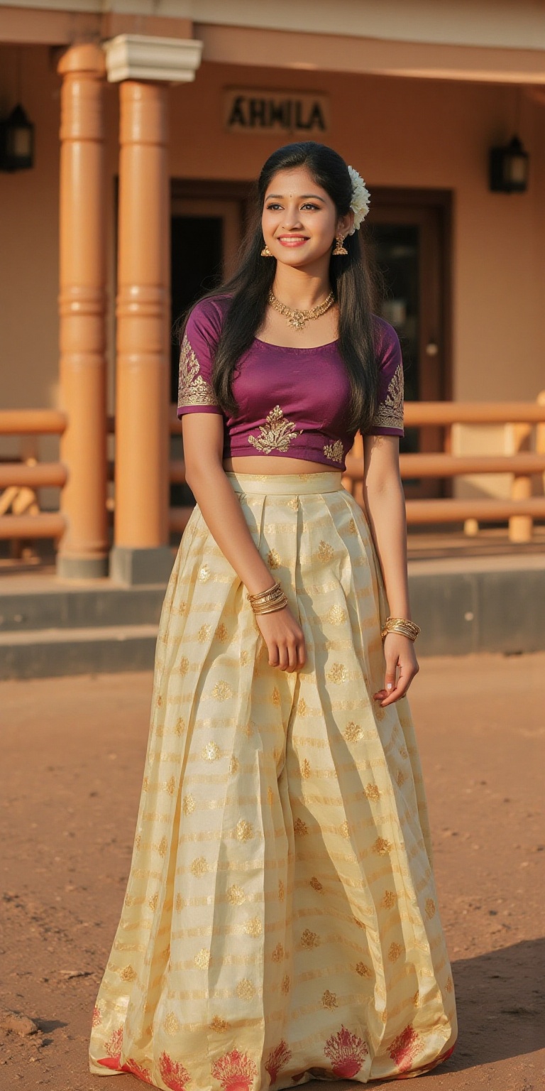 A stunning South Indian woman wearing a traditional pattu pavadai and blouse,  styled for a festive occasion. Her outfit c...